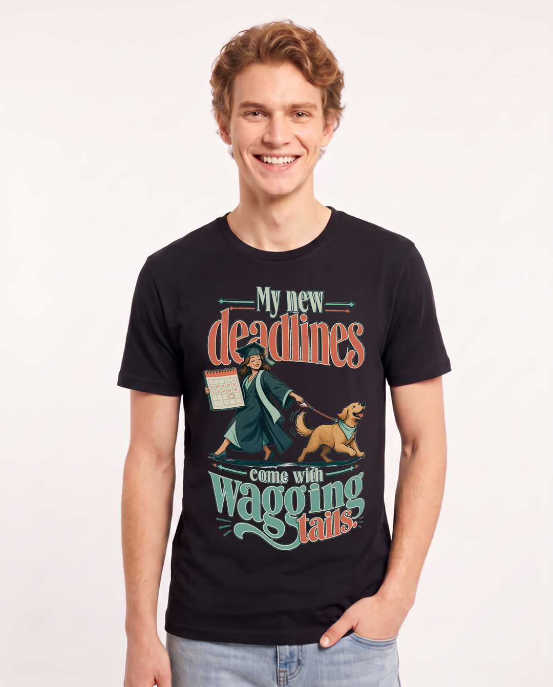 Funny Graduation Men's Black T-Shirt – My new deadlines come with wagging tails. product image 1