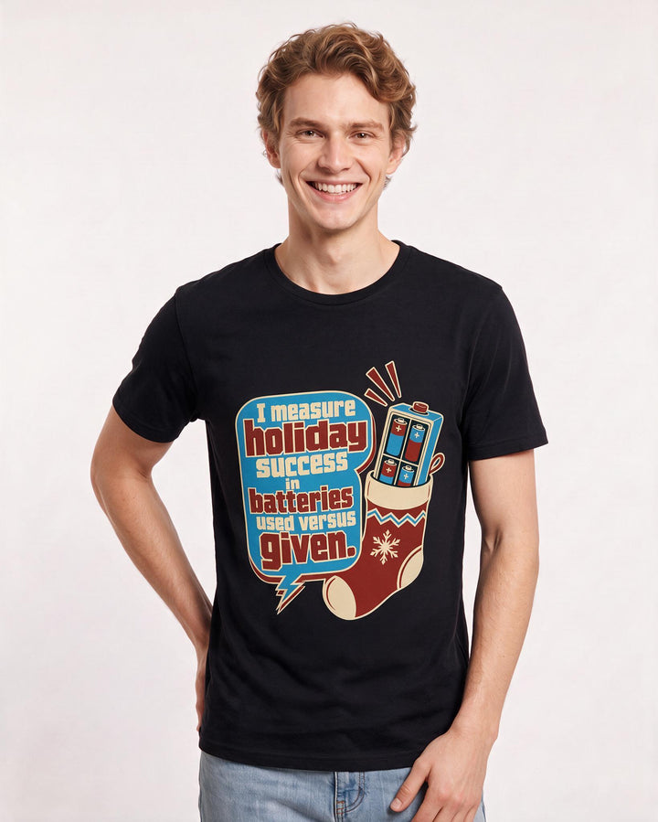 Christmas Men's Black T-Shirt - I measure holiday success in batteries product image 3