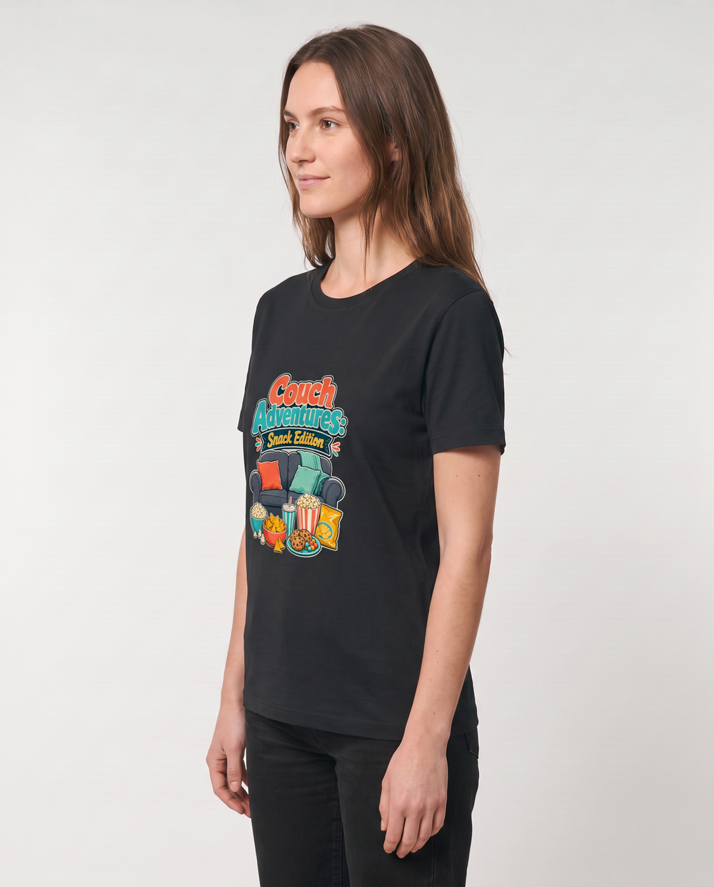 Couch Adventures: Snack Edition Black T-Shirt mockup 2