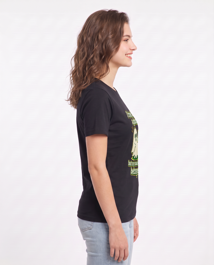 I tried being a ghost but my snack wrapper betrayed me. Women's Black T-Shirt product image 3