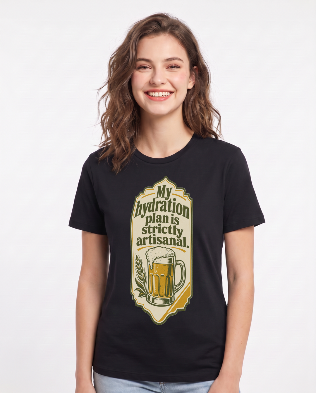 Funny Beer Women's Black T-Shirt - My hydration plan is strictly product image 1