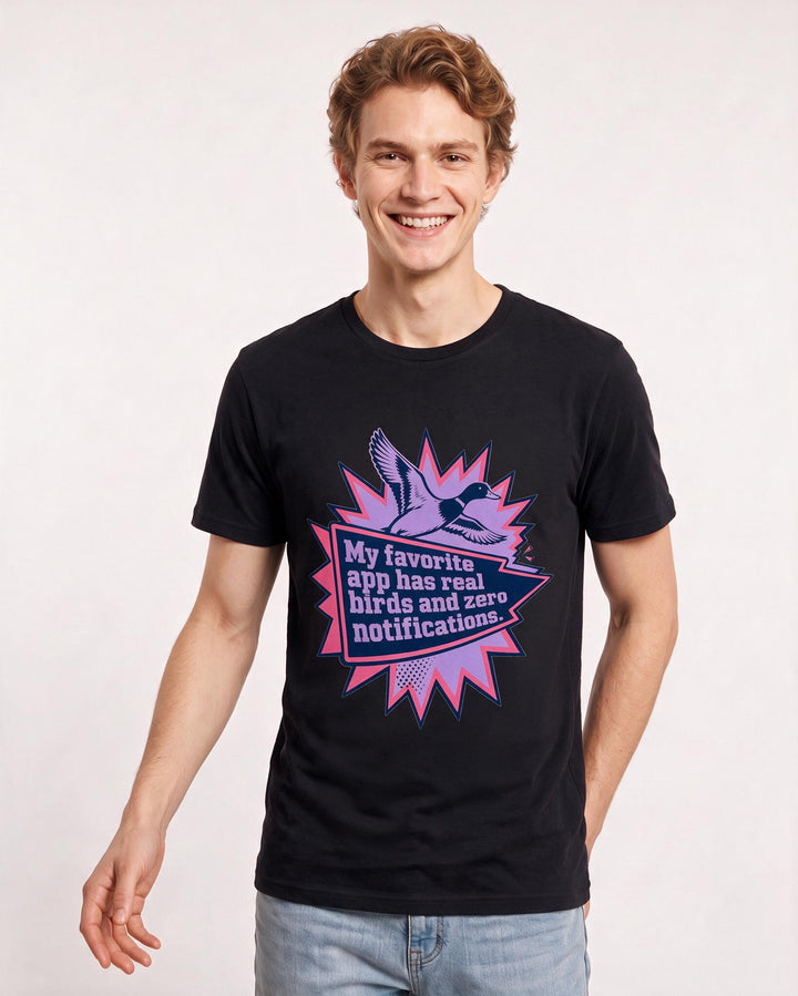 Hunting Men's Black T-Shirt - My favorite app has real birds and zero product image 3