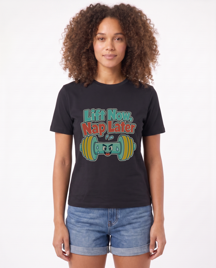 Lift Now, Nap Later Black T-Shirt mockup 1