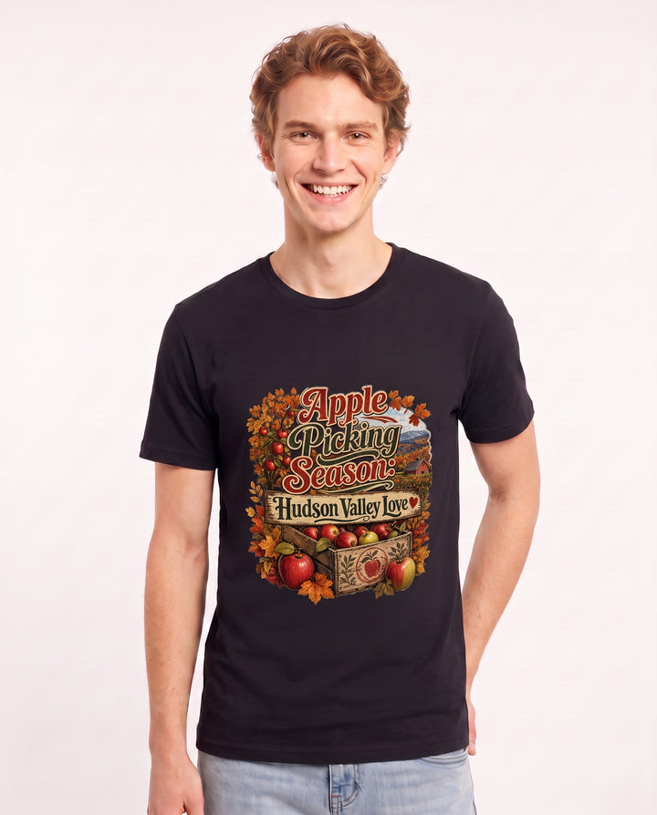 Apple Picking Season: Hudson Valley Love Men's Black T-Shirt product image 1