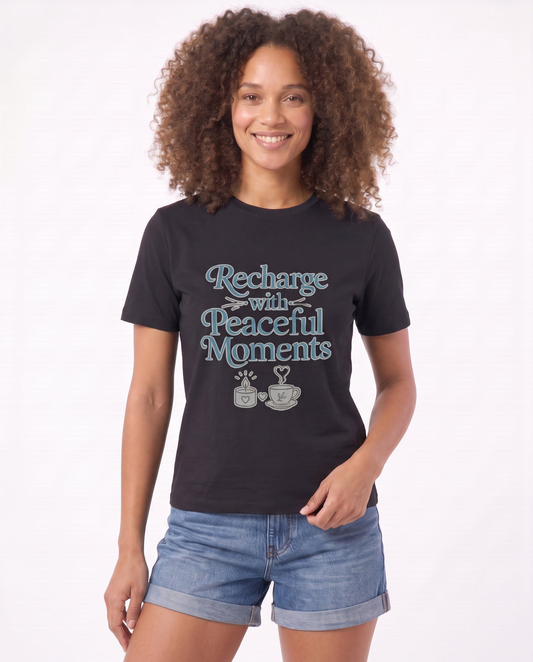 Recharge With Peaceful Moments Black T-Shirt mockup 3