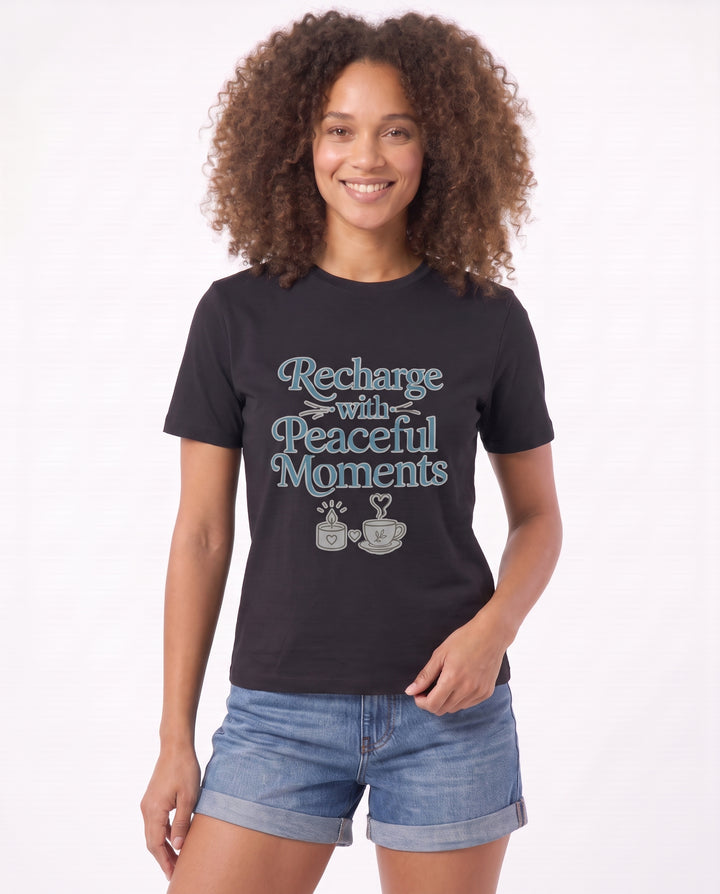Recharge With Peaceful Moments Black T-Shirt mockup 3