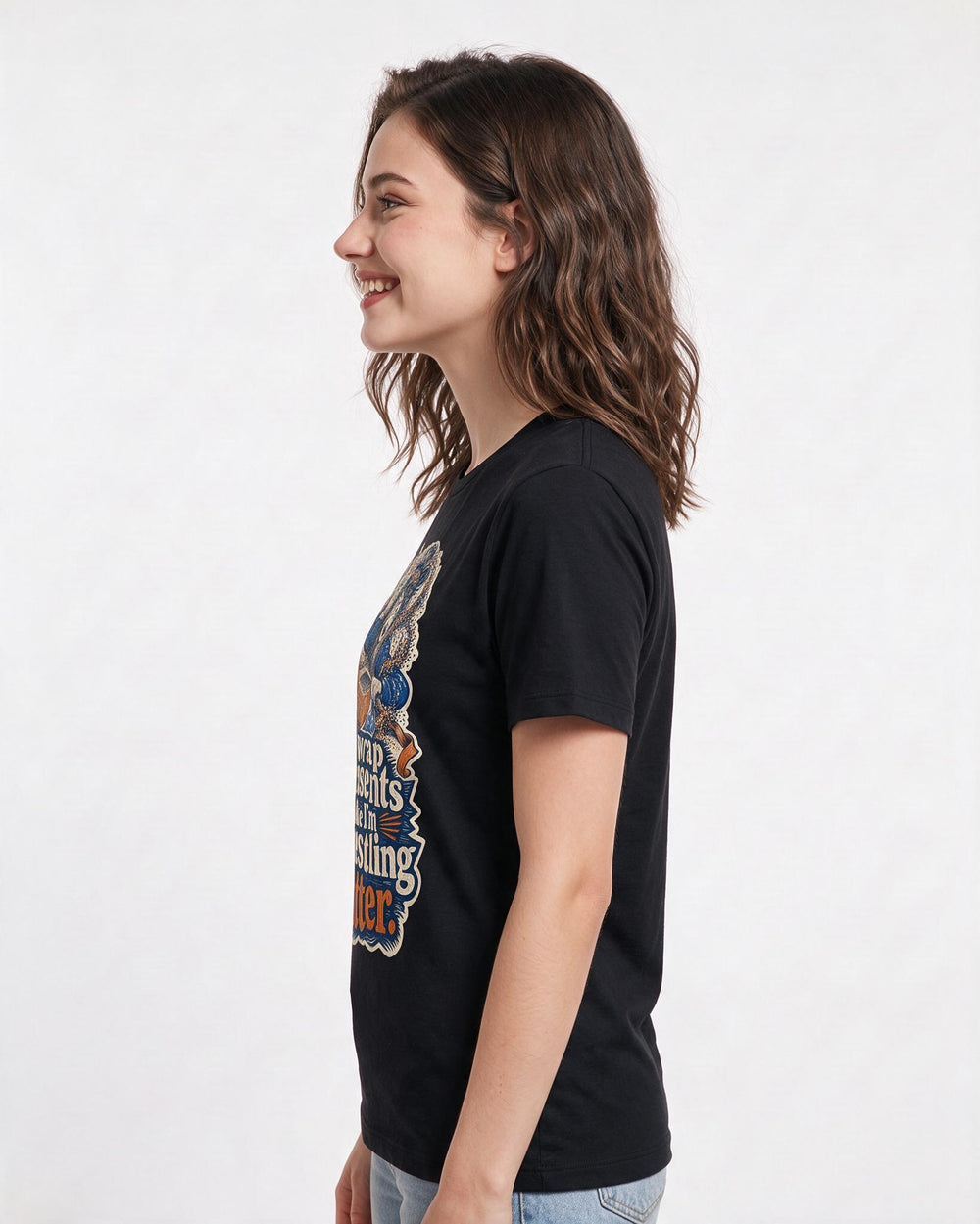 Funny Christmas Women's Black T-Shirt – I wrap presents like I'm wrestling glitter. product image 2