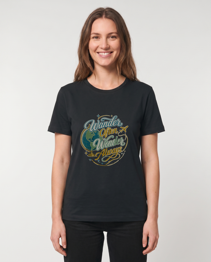 Wander Often, Wonder Always Black T-Shirt mockup 1