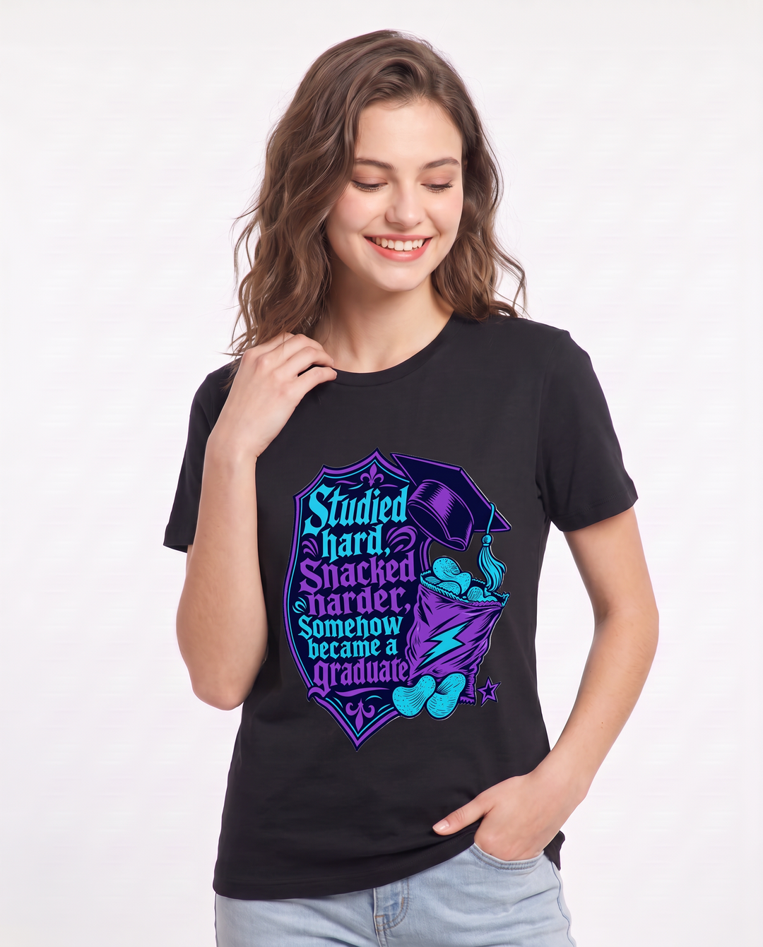 Studied hard, snacked harder, somehow became a graduate - Women's Black T-Shirt product image 1