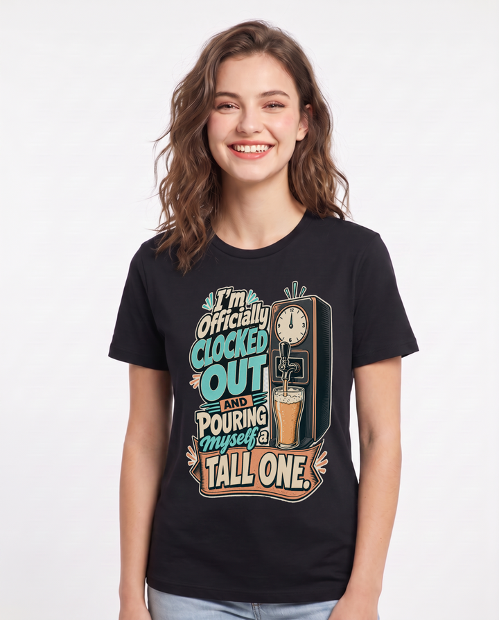Beer Women's Black T-Shirt – I'm officially clocked out and pouring myself a tall one. product image 1