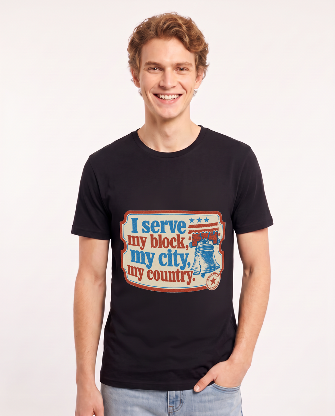 Graphic Men's Black T-Shirt - I serve my block, my city, my country. product image 1
