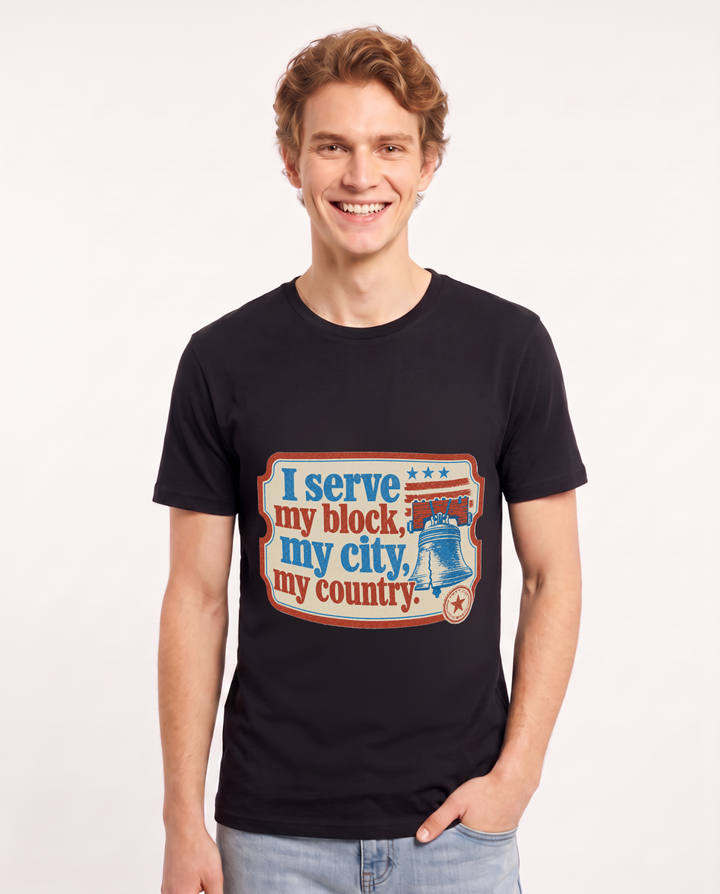 Graphic Men's Black T-Shirt - I serve my block, my city, my country. product image 1