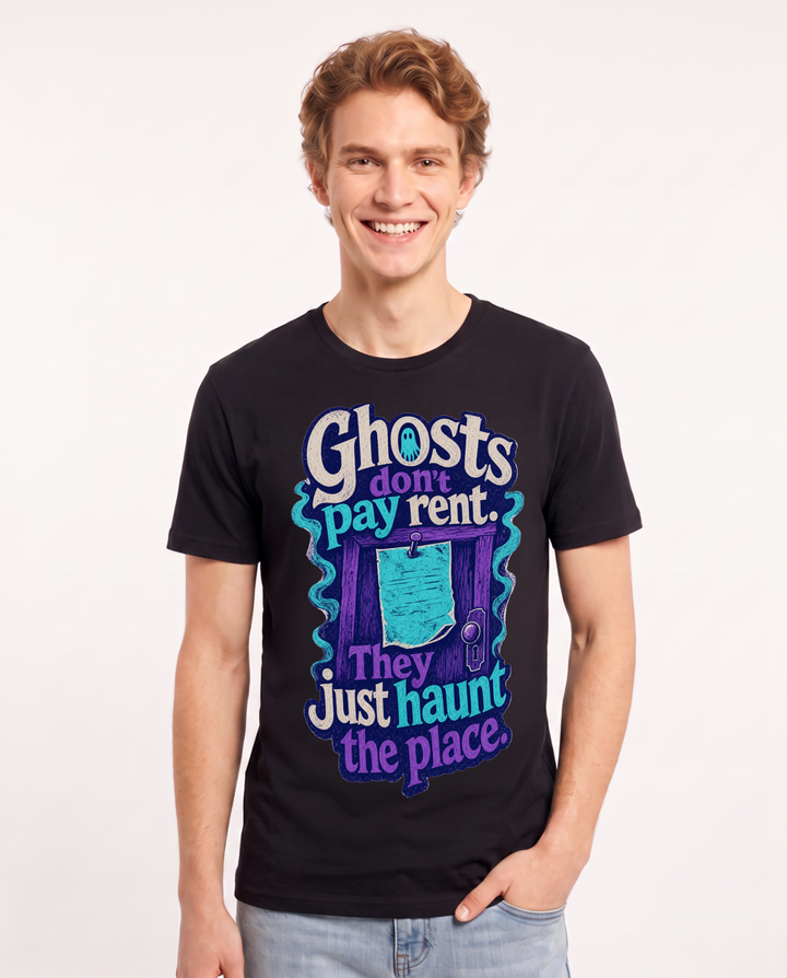 Halloween Men's Black T-Shirt – Ghosts don't pay rent. They just haunt the place. product image 1