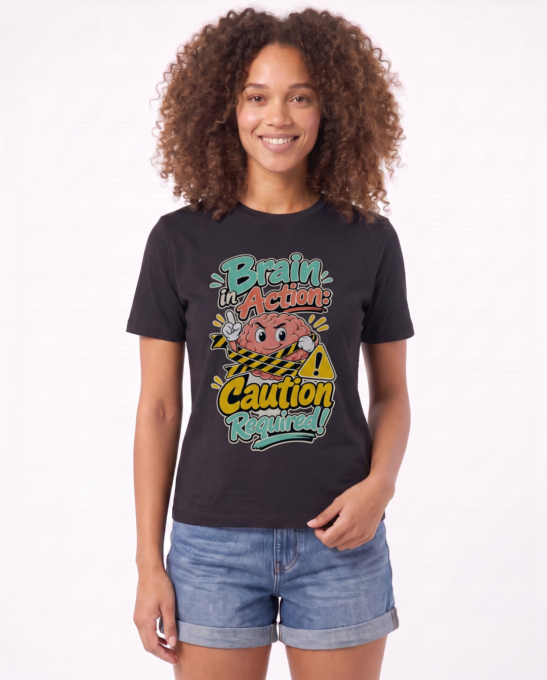 Brain In Action: Caution Required! Black T-Shirt mockup 1