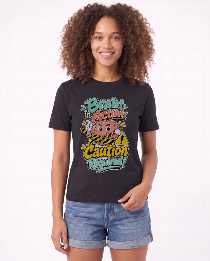 Brain In Action: Caution Required! Black T-Shirt mockup 1