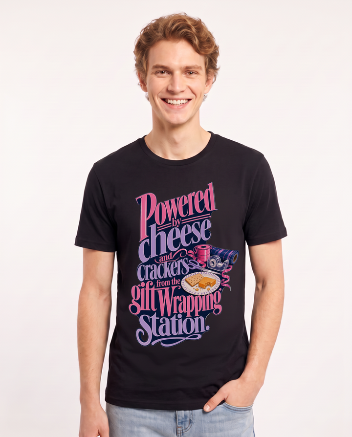 Funny Christmas Men's Black T-Shirt – Powered by cheese and crackers from the gift wrapping station. product image 1