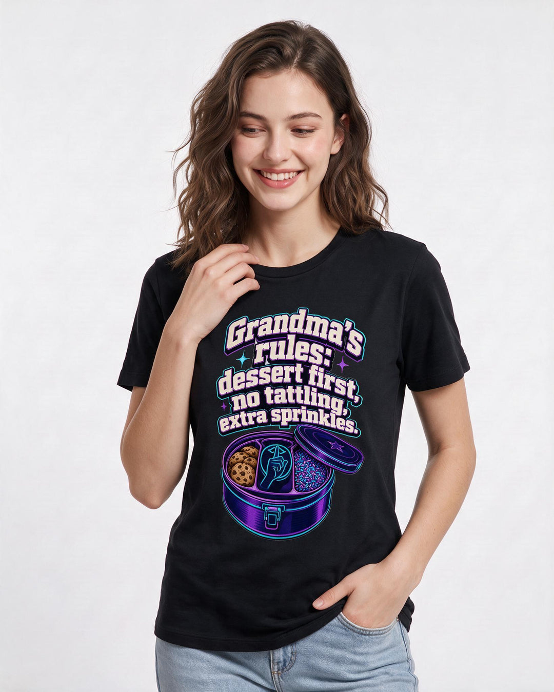 Grandparent Women's Black T-Shirt – Grandma's rules: dessert first, no tattling, extra sprinkles. product image 3