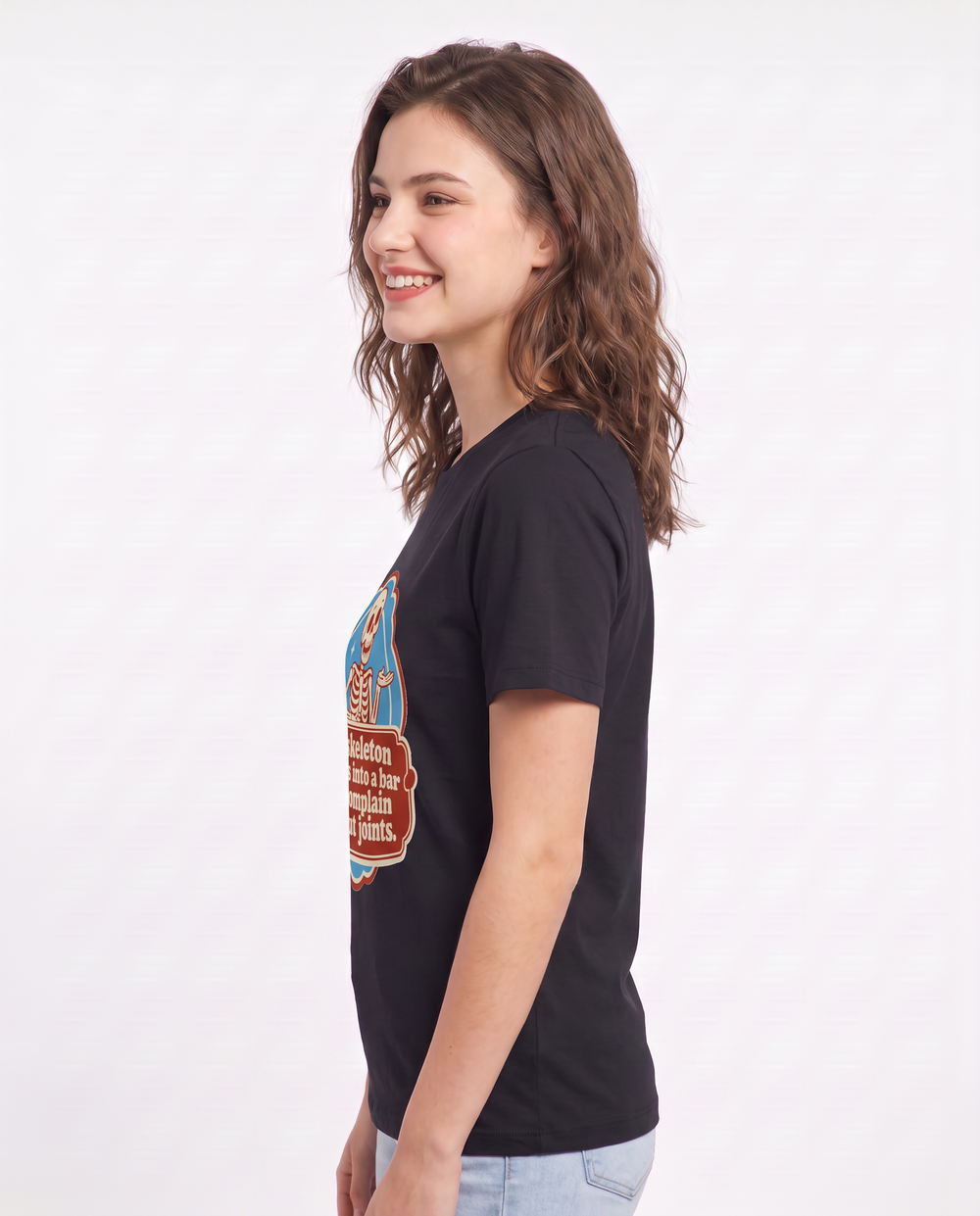 Halloween Women's Black T-Shirt - A skeleton walks into a bar to product image 2