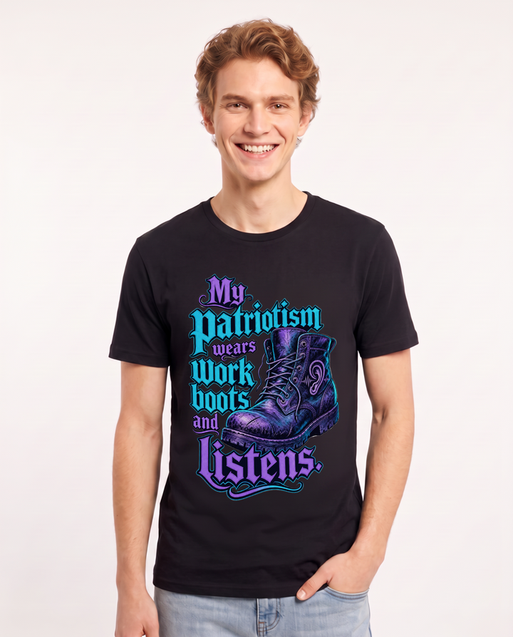 Patriotic Men's Black T-Shirt – My patriotism wears work boots and listens product image 1
