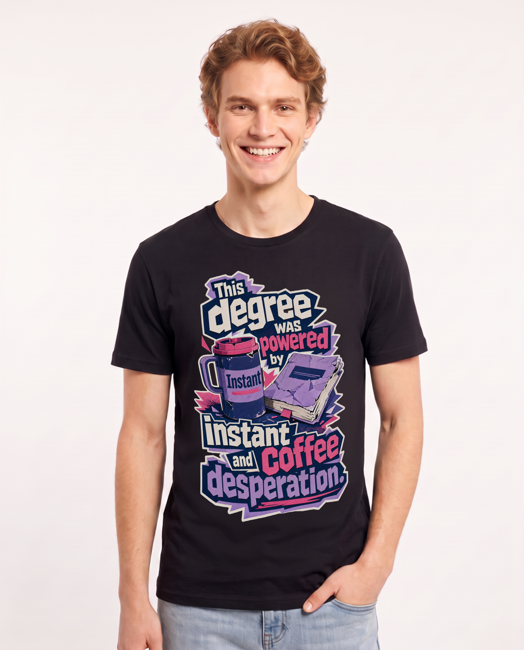 Graduation Men's Black T-Shirt – This degree was powered by instant coffee and desperation. product image 1