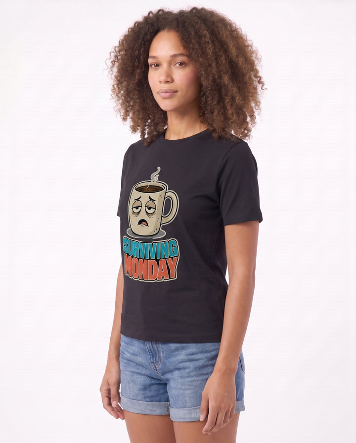 Surviving Monday Black T-Shirt mockup 2