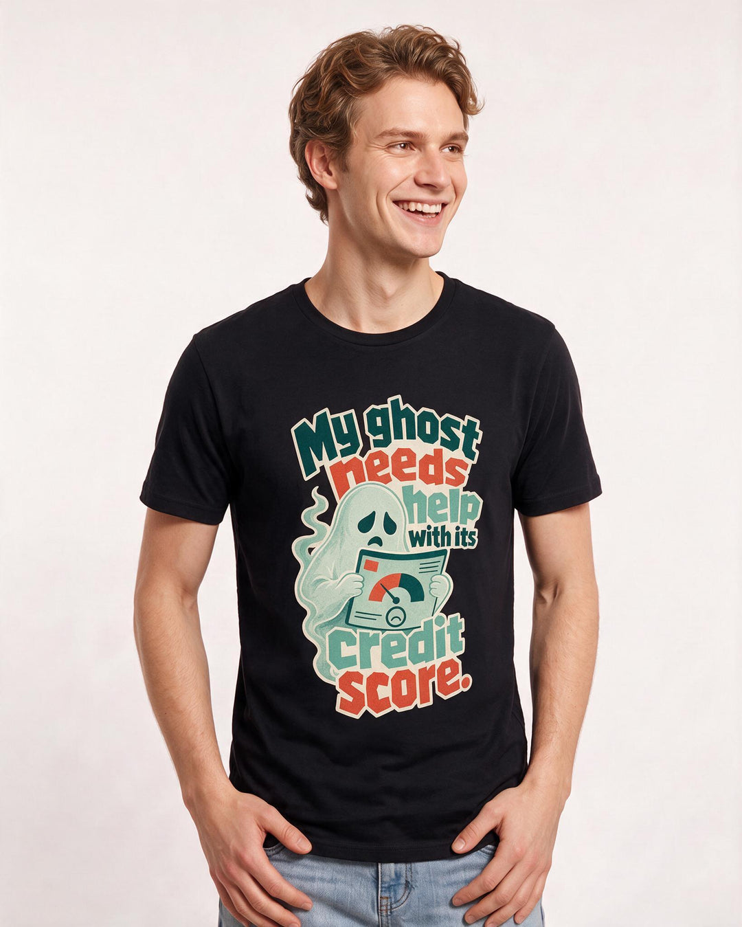 Funny Halloween Men's Black T-Shirt – My ghost needs help with its credit product image 3
