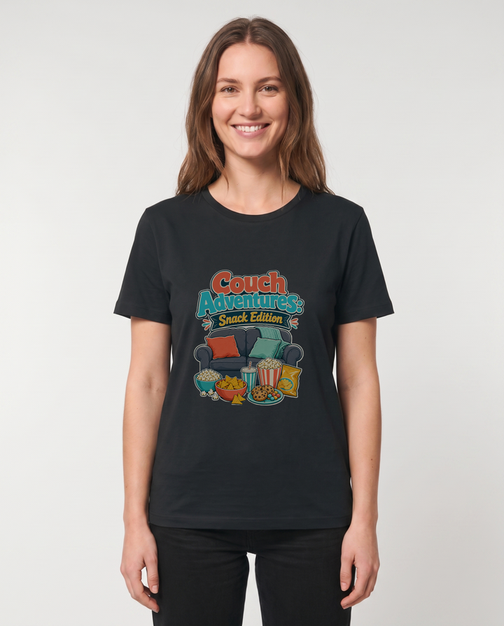 Couch Adventures: Snack Edition Black T-Shirt mockup 1