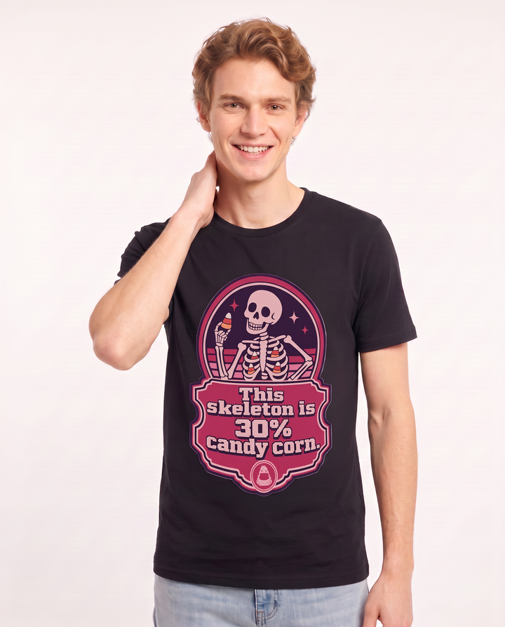 Halloween Men's Black T-Shirt - This skeleton is 30% candy corn. product image 3