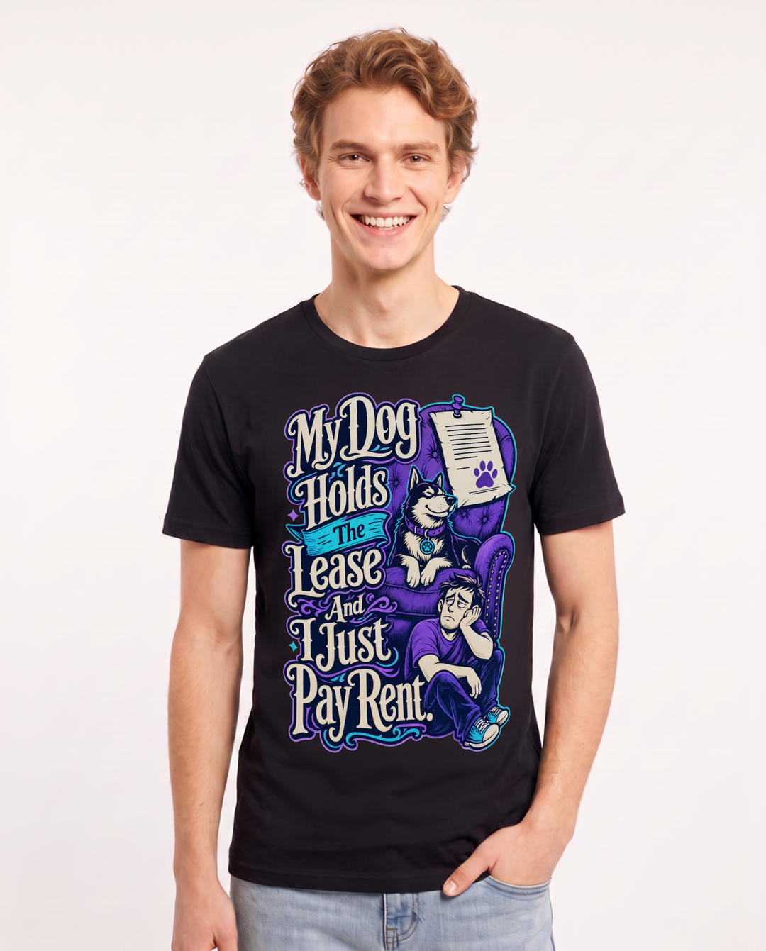 Funny Cat Lover Men's Black T-Shirt – My Dog Holds The Lease And I Just Pay Rent. product image 1