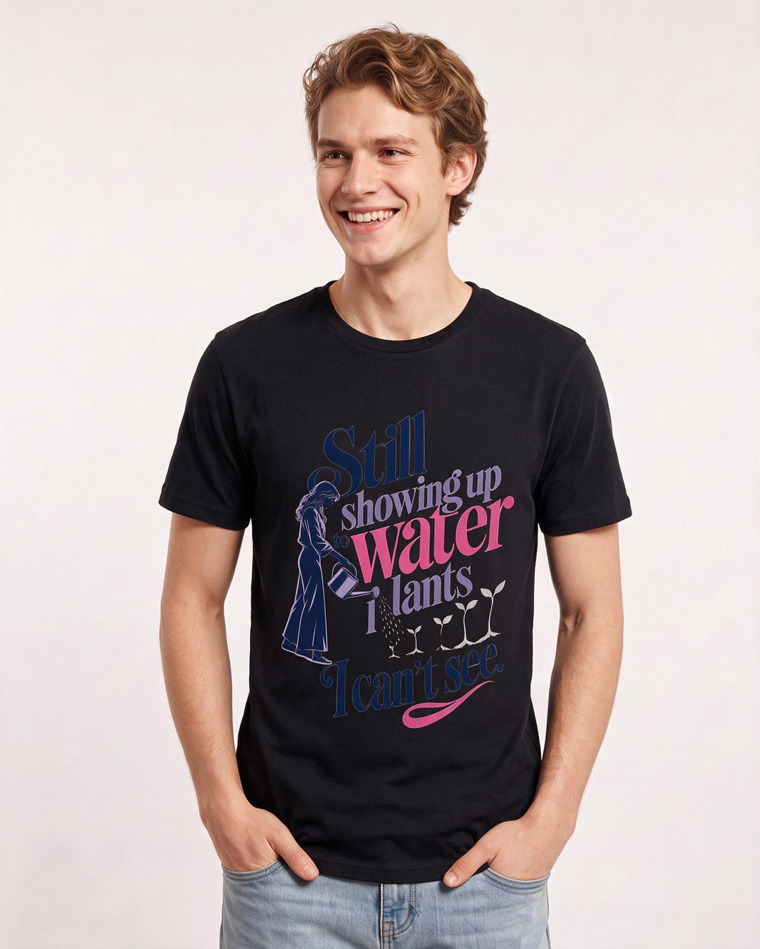 Christian Faith Men's Black T-Shirt – Still showing up to water plants I can't see. product image 3