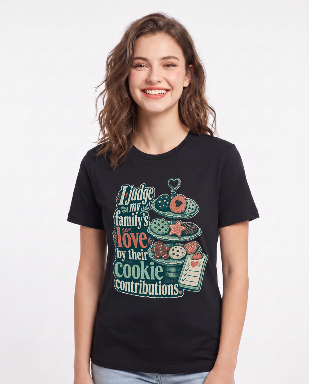 Christmas Women's Black T-Shirt – I judge my family's love by their cookie contributions. product image 1