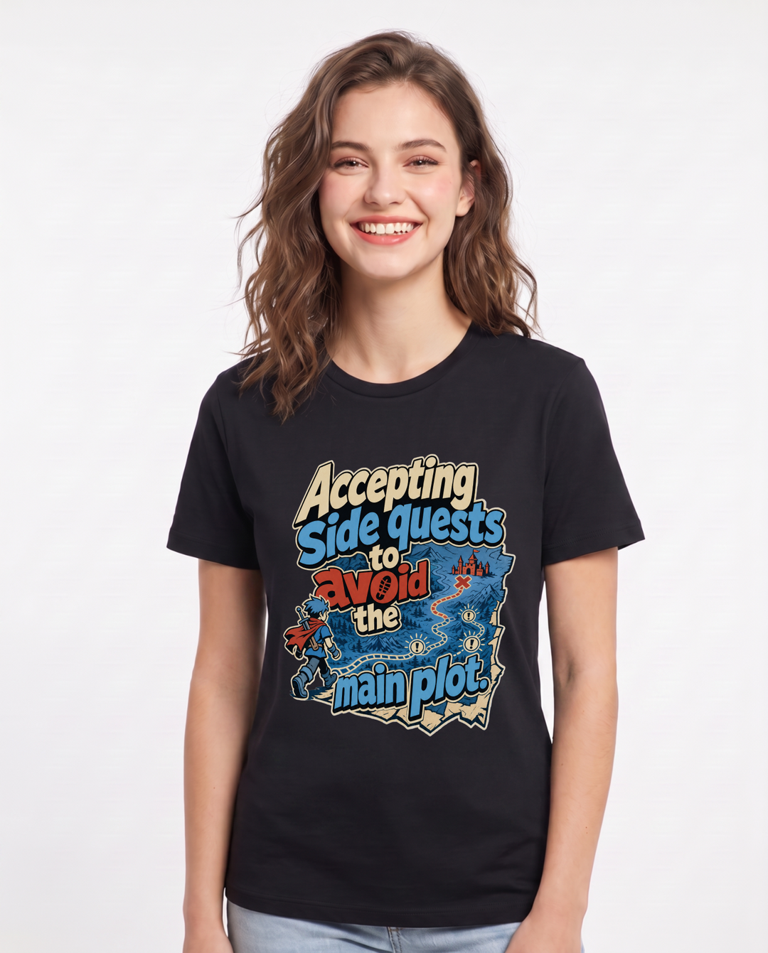 Funny Gaming Women's Black T-Shirt – Accepting side quests to avoid the main plot. product image 1