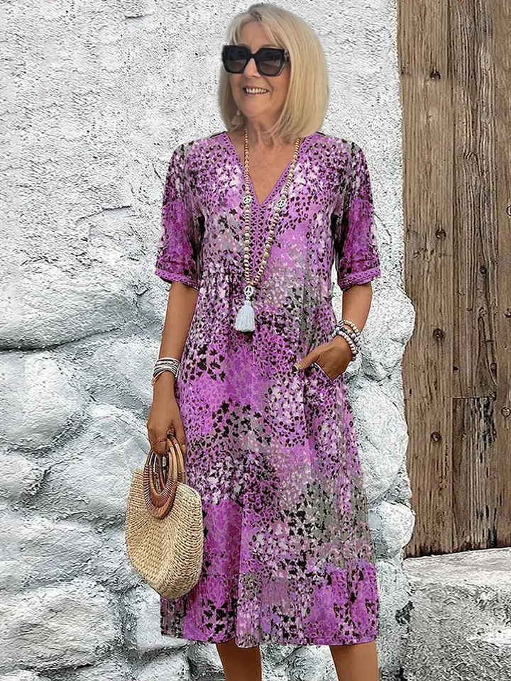 Women's V-Neck Midi Dress with Allover Print Short Sleeve