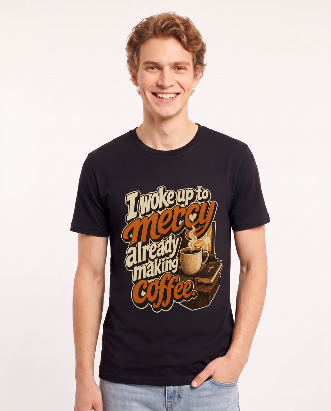Christian Faith Men's Black T-Shirt – I woke up to mercy already making coffee product image 1