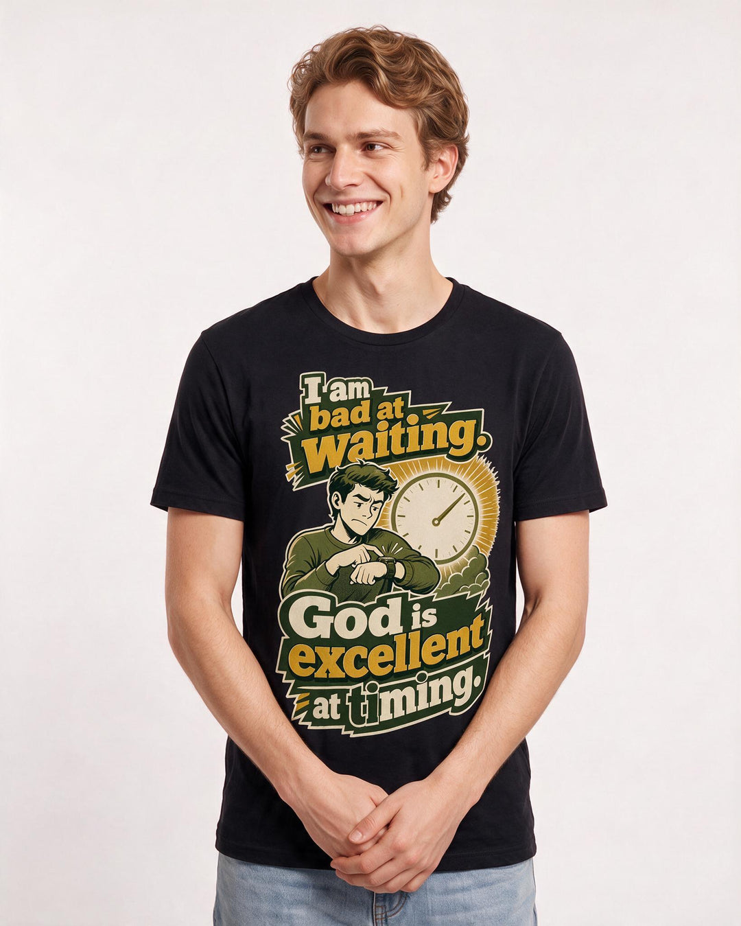 Christian Faith Men's Black T-Shirt – I am bad at waiting. God is excellent at timing. product image 3