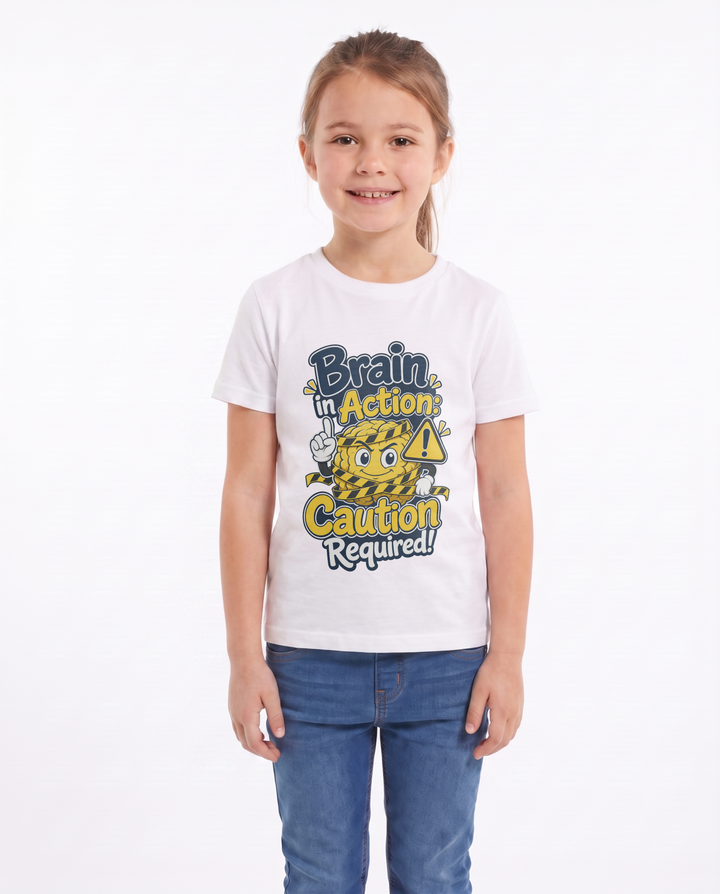 Brain In Action: Caution Required! White T-Shirt mockup 2