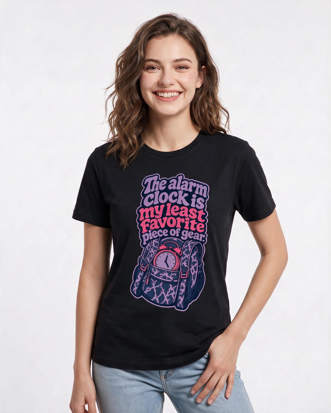 Hunting Women's Black T-Shirt – The alarm clock is my least favorite product image 3