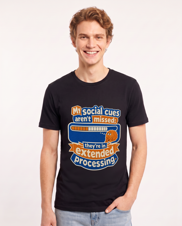 Neurodiversity Men's Black T-Shirt – My social cues aren't missed; they're in extended processing. product image 1