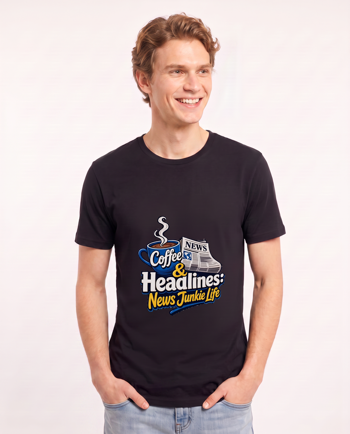 Coffee & Headlines: News Junkie Life Men's Black T-Shirt product image 1