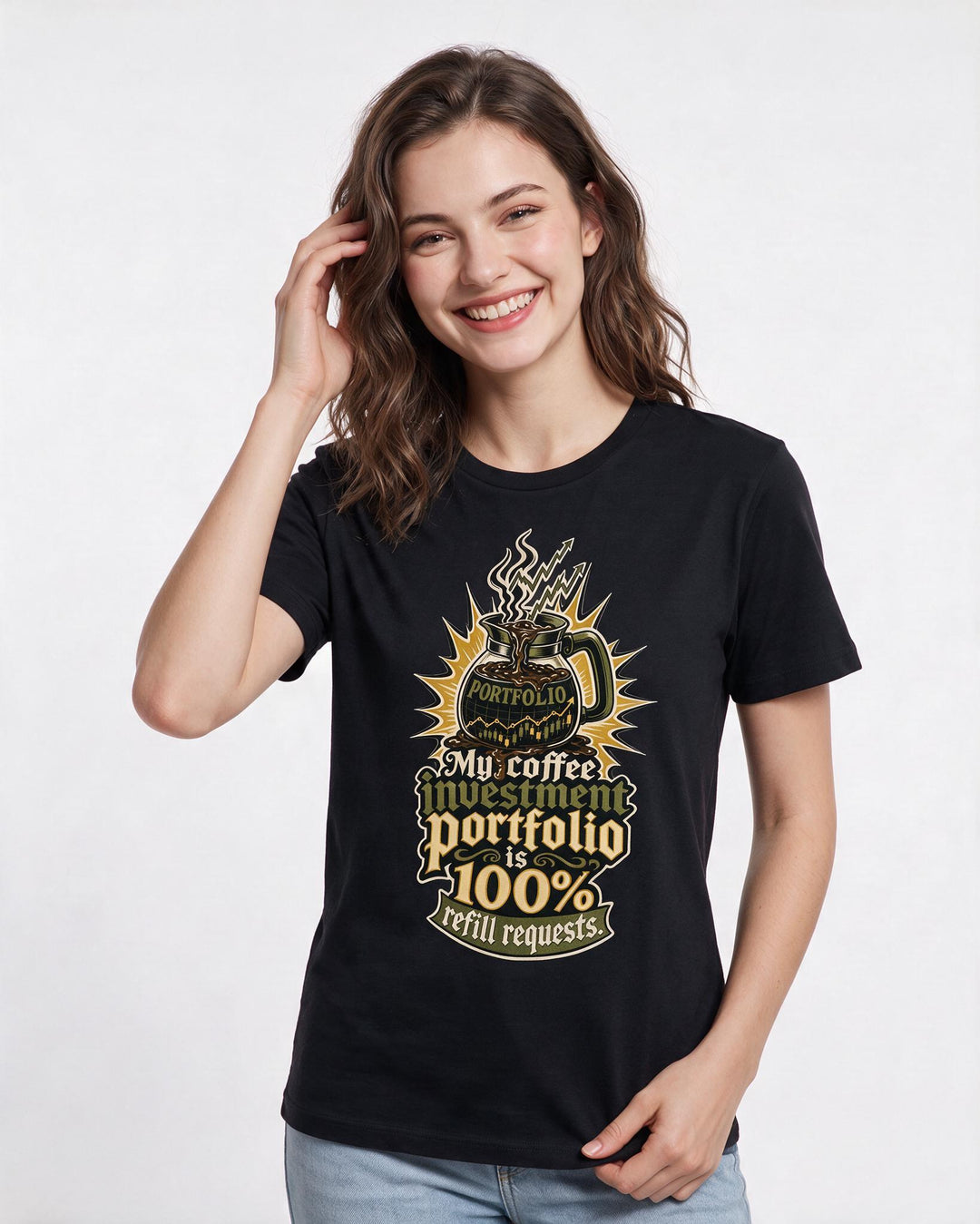 Funny Mom Women's Black T-Shirt – My coffee investment portfolio is 100% refill requests product image 3