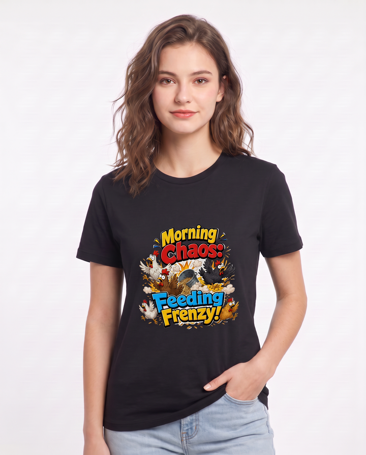 Morning Chaos: Feeding Frenzy! Women's Black T-Shirt product image 1