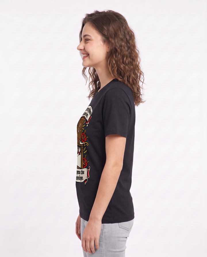 They told me my diploma would open doors. It only opens the return envelope. Women's Black T-Shirt product image 3