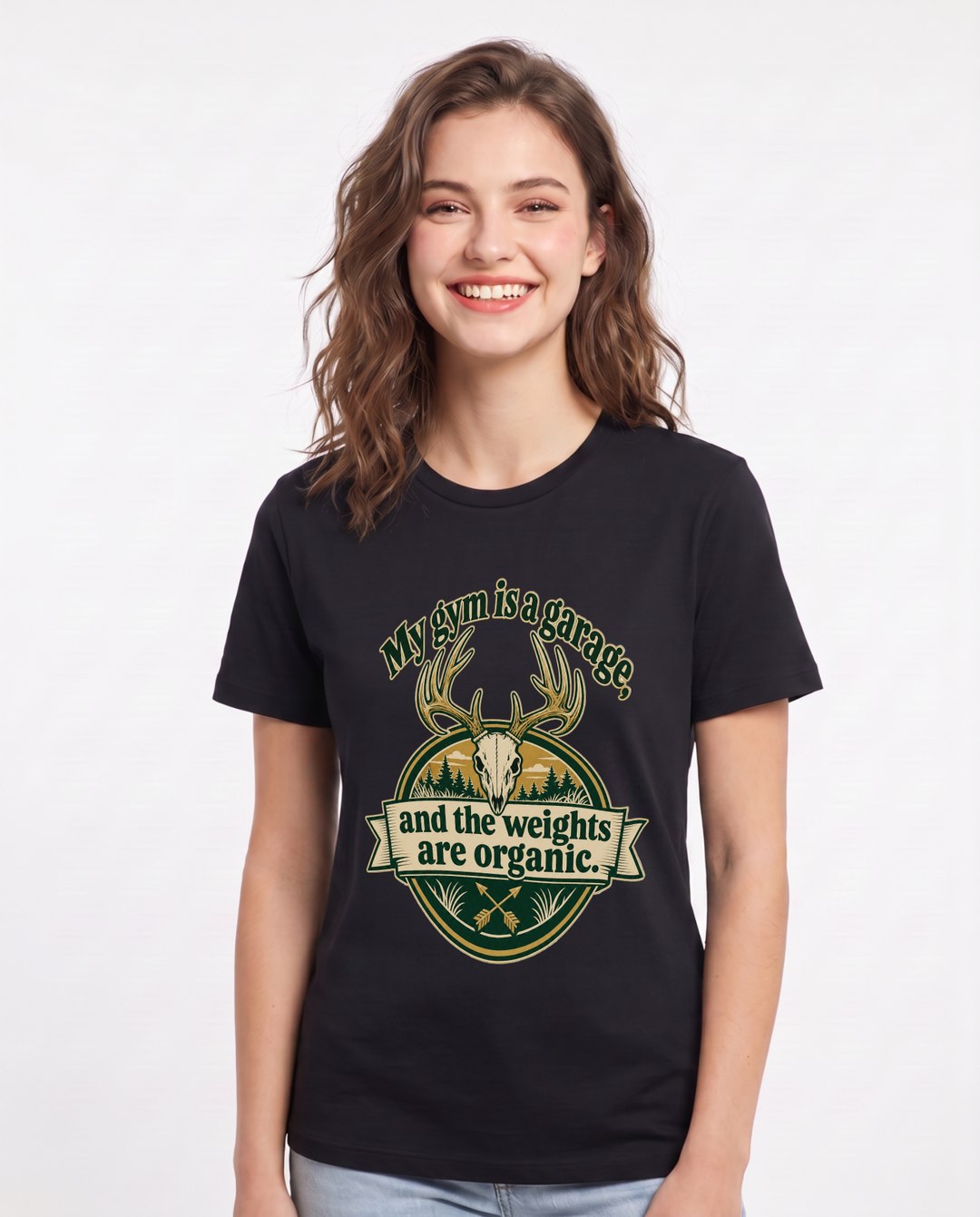 Hunting Women's Black T-Shirt - My gym is a garage, and the weights product image 1