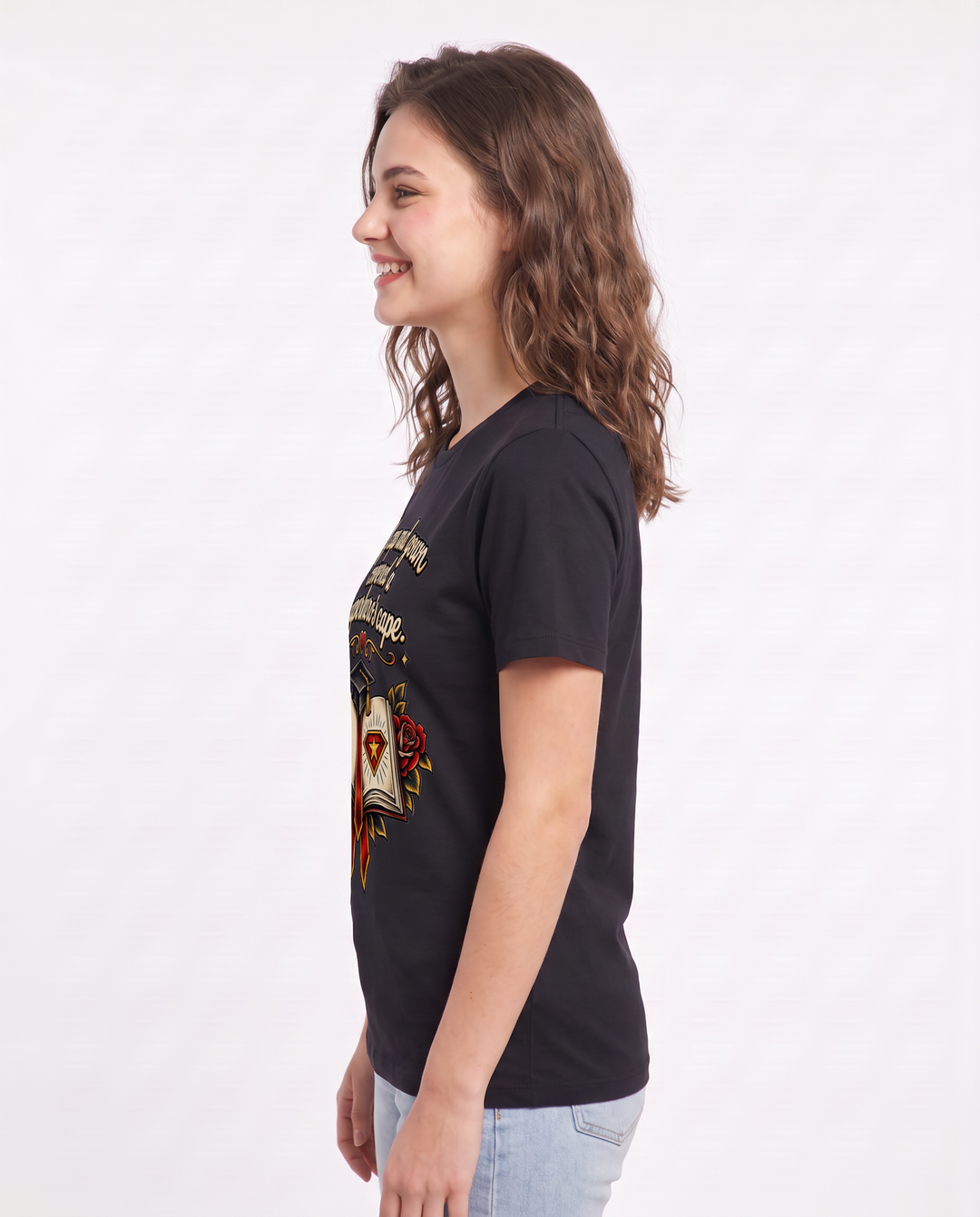My cap and gown covered a superhero's cape. Women's Black T-Shirt product image 3