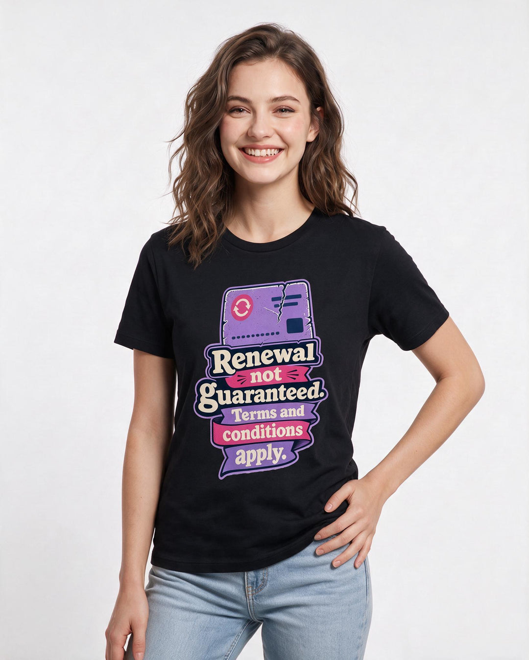 Political Statement Women's Black T-Shirt – Renewal not guaranteed. Terms and conditions apply. product image 3