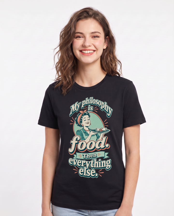 Mom Women's Black T-Shirt – My philosophy is food. Then everything product image 1