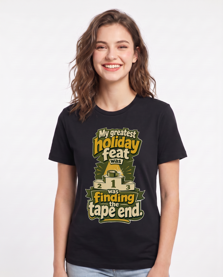Funny Christmas Women's Black T-Shirt – My greatest holiday feat was finding the tape end. product image 1