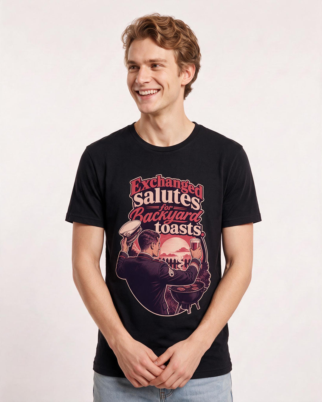 Veteran Men's Black T-Shirt – Exchanged salutes for backyard toasts. product image 3