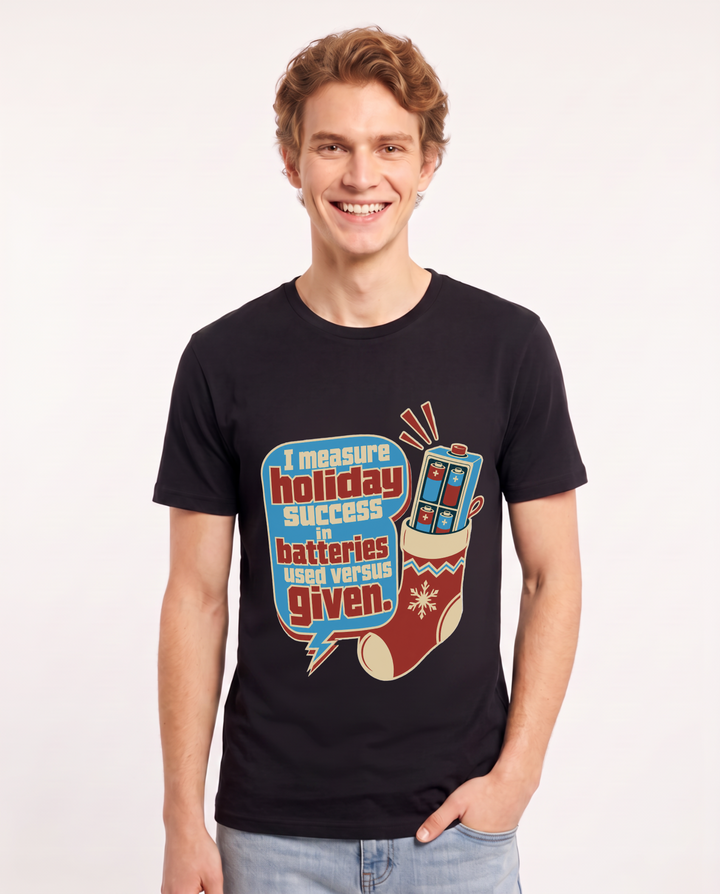 Christmas Men's Black T-Shirt - I measure holiday success in batteries product image 1