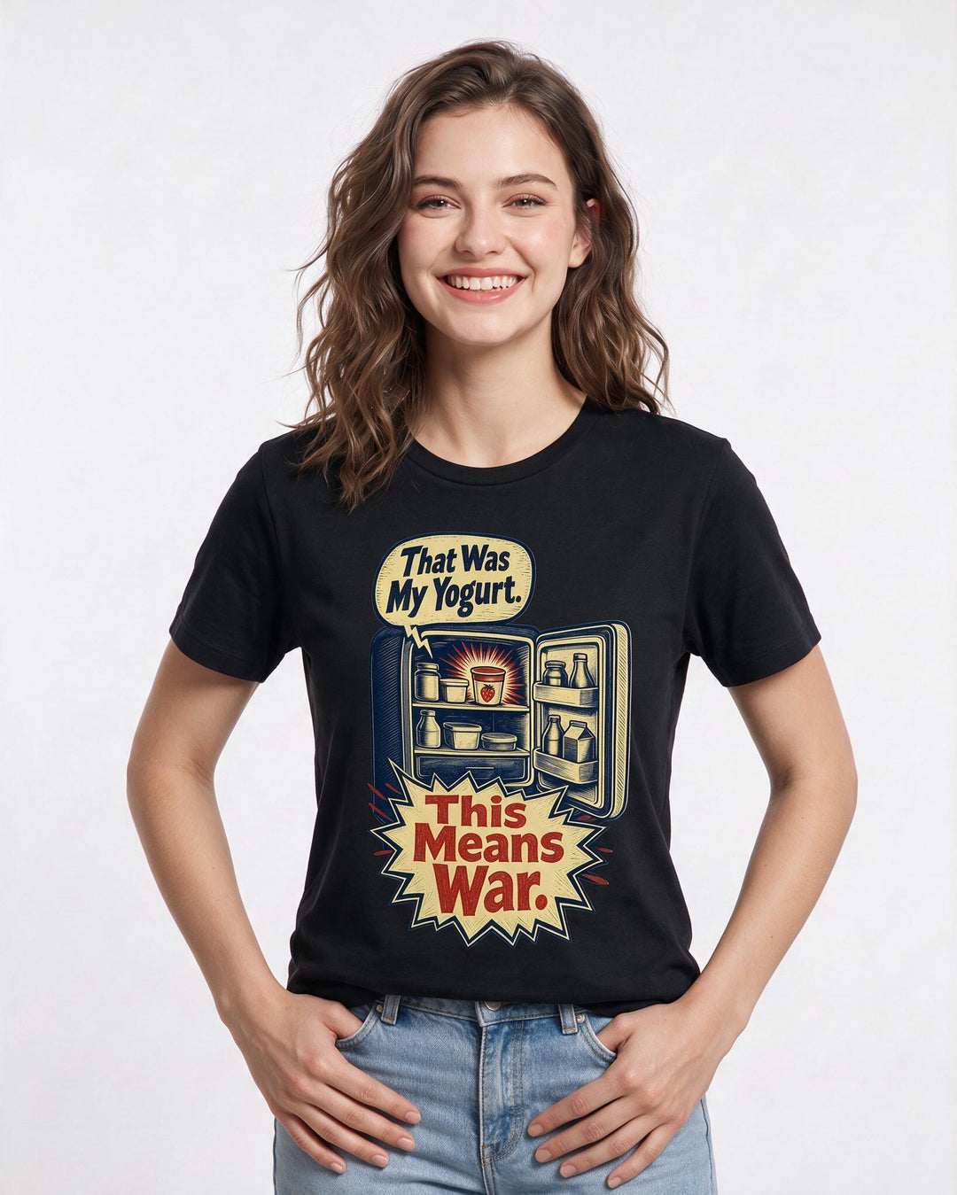 Funny Couples Women's Black T-Shirt – That Was My Yogurt. This Means War. product image 3